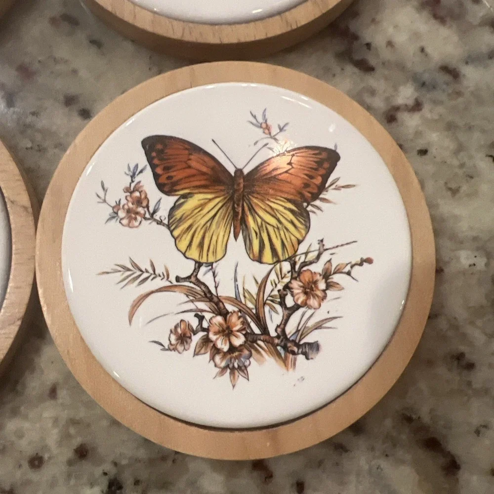 Butterfly Coasters Wood Ceramic Monarch 6‎ Designs Cottage NEW old stock